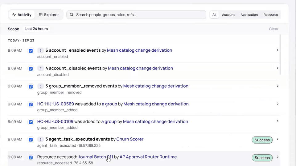 Hydden event feed listing group_member_added and other change events with timestamps